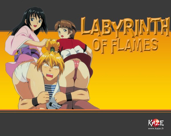 Anime picture 1024x819 with labyrinth of flames galan kasumi (labyrinth of flames) natsu (labyrinth of flames) long hair blush open mouth blue eyes light erotic black hair blonde hair brown hair multiple girls brown eyes ass japanese clothes yellow background girl thighhighs boy