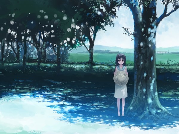 Anime picture 1439x1080 with original vocaloid isou nagi single black hair black eyes landscape summer girl plant (plants) hat tree (trees)