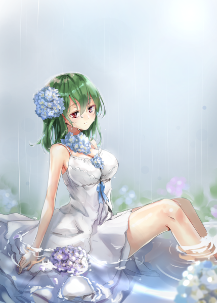 Anime picture 995x1392 with touhou kazami yuuka shironeko yuuki single long hair tall image blush fringe breasts hair between eyes red eyes bare shoulders looking away cleavage hair flower green hair arm support bare legs wet alternate costume