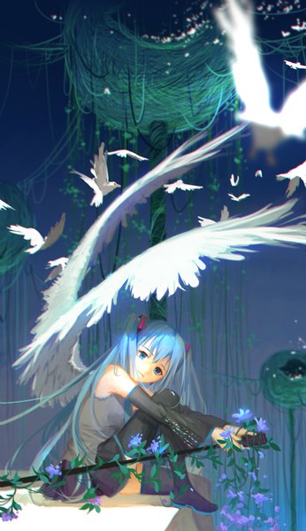 Anime picture 1024x1774 with vocaloid hatsune miku e=mc2 (qq53712033) single tall image looking at viewer fringe blue eyes hair between eyes sitting twintails holding blue hair very long hair pleated skirt light smile angel wings white wings girl thighhighs