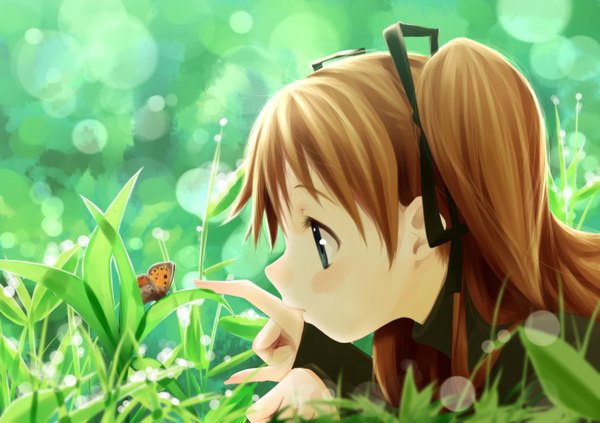 Anime picture 2866x2024 with kanon key (studio) sawatari makoto wadapen highres brown hair twintails aqua eyes girl ribbon (ribbons) insect butterfly
