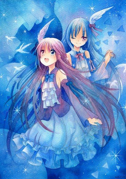 Anime picture 1057x1500 with original mosho long hair tall image blush open mouth smile multiple girls signed blue hair purple hair one eye closed wink heterochromia looking up traditional media watercolor (medium) girl 2 girls detached sleeves