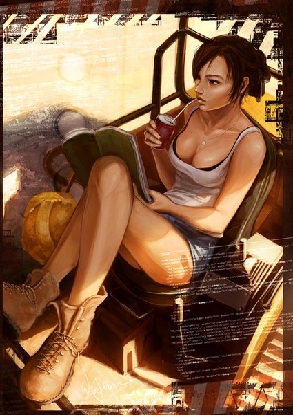 Anime picture 637x900 with poibuts single tall image short hair breasts light erotic brown hair lips orange eyes sleeveless crossed legs drinking reading girl boots t-shirt