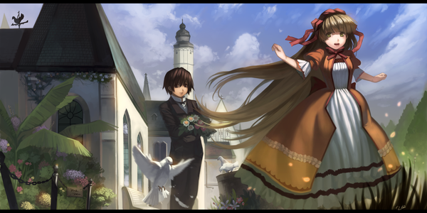 Anime picture 3500x1750 with gosick studio bones victorique de blois kujou kazuya yykuaixian long hair highres short hair black hair blonde hair wide image yellow eyes absurdres black eyes loli spread arms girl dress boy flower (flowers)