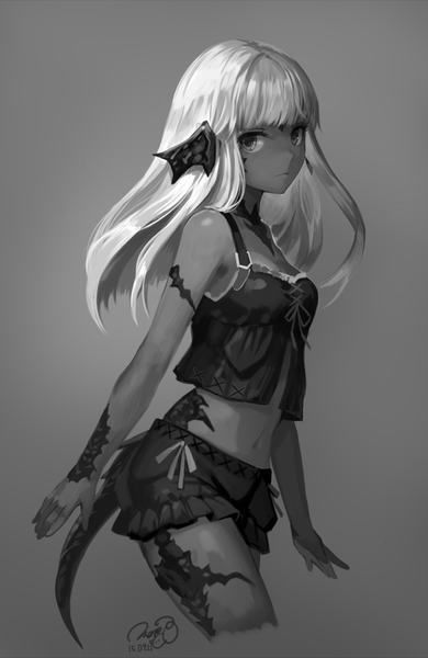 Anime picture 600x921 with final fantasy final fantasy xiv square enix au ra momoko (momopoco) single long hair tall image looking at viewer fringe simple background bare shoulders signed white hair tail grey background bare legs bare belly grey eyes dated