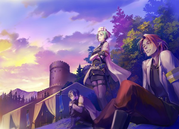 Anime picture 1313x946 with original pixiv fantasia pixiv fantasia sword regalia iceojin fringe short hair blue eyes black hair brown hair standing sitting eyes closed green hair light smile wind pointy ears multiple boys evening happy sunset