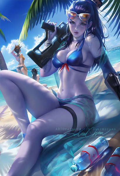 Anime picture 753x1100 with overwatch blizzard entertainment d.va (overwatch) widowmaker (overwatch) tracer (overwatch) cote d'azur widowmaker sakimichan long hair tall image looking at viewer blush short hair breasts light erotic brown hair standing sitting bare shoulders multiple girls holding