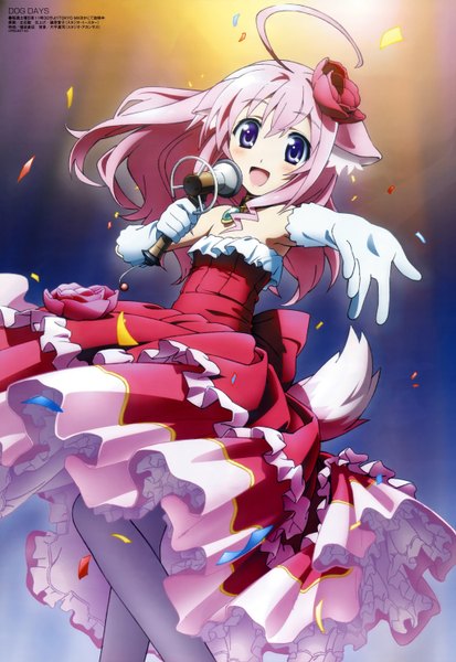 Anime picture 4095x5944 with dog days megami magazine millhiore f biscotti shiwasu takashi long hair tall image highres open mouth blue eyes animal ears pink hair absurdres ahoge animal tail hair flower scan official art dog ears dog tail dog girl