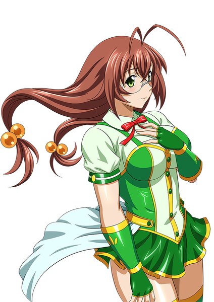 Anime picture 600x848 with ikkitousen ryuubi gentoku single long hair tall image simple background brown hair white background green eyes looking away ahoge girl dress gloves glasses fingerless gloves hair bobbles