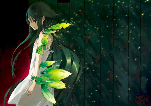 Anime picture 1433x1012 with saya no uta nitroplus saya (saya no uta) hrd long hair brown eyes profile green hair inscription wallpaper girl sundress