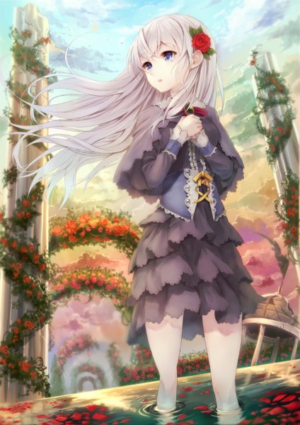 Anime picture 1753x2480 with original paseri single long hair tall image highres blue eyes white hair girl dress flower (flowers) petals water pillar column