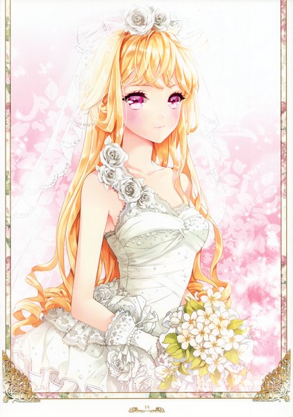 Anime picture 2842x4040 with sword girls cinia pacifica cocoon (loveririn) single long hair tall image looking at viewer blush highres blonde hair purple eyes scan wedding girl dress gloves flower (flowers) white gloves bouquet wedding dress