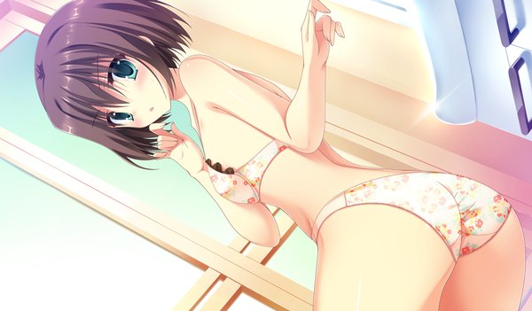 Anime picture 1024x600 with da capo iii katsuragi himeno takano yuki (allegro mistic) single looking at viewer blush short hair blue eyes light erotic brown hair wide image game cg underwear only girl underwear panties lingerie bra