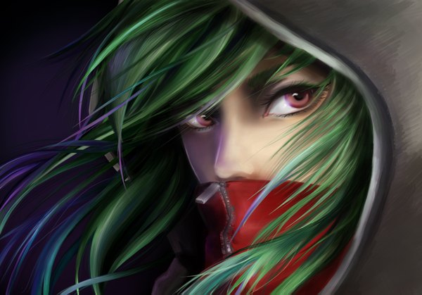 Anime picture 1568x1095 with kagerou project shaft (studio) kido tsubomi feyrise single long hair fringe red eyes looking away green hair close-up girl hood hoodie