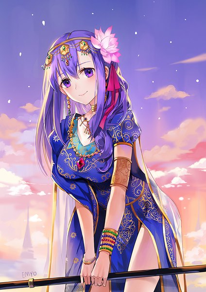 Anime picture 680x962 with fate (series) fate/grand order matou sakura parvati (fate/grand order) emyo single long hair tall image looking at viewer blush fringe smile hair between eyes purple eyes holding sky purple hair cloud (clouds) traditional clothes hair flower