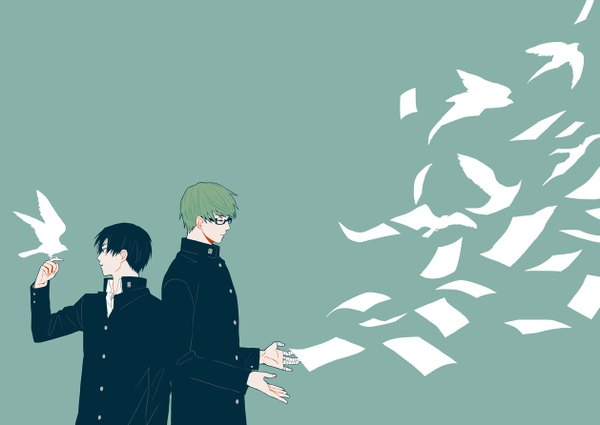 Anime picture 1257x891 with kuroko no basket production i.g midorima shintarou takao kazunari short hair black hair simple background blonde hair multiple boys open collar back to back boy uniform school uniform animal glasses bird (birds) 2 boys paper