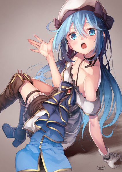 Anime picture 1202x1700 with original lee-chan (saraki) saraki single long hair tall image blush fringe open mouth blue eyes hair between eyes sitting signed blue hair arm up off shoulder shadow high heels brown background girl