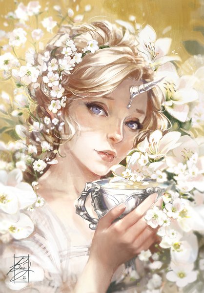 Anime picture 1512x2168 with original beagifted single tall image looking at viewer short hair blonde hair purple eyes signed hair flower horn (horns) lips girl hair ornament flower (flowers) chalice