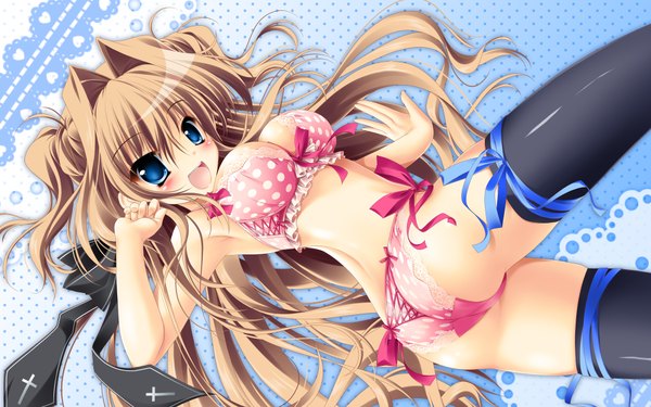 Anime picture 1920x1200 with mashiroiro symphony sena airi kamiya tomoe long hair blush highres breasts open mouth blue eyes light erotic brown hair wide image midriff girl thighhighs underwear panties ribbon (ribbons) black thighhighs hair ribbon