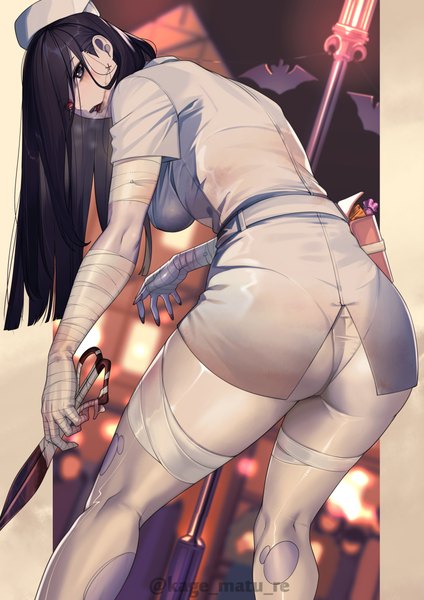 Anime picture 1736x2456 with original kagematsuri single long hair tall image looking at viewer highres light erotic black hair signed ass from behind twitter username heterochromia halloween nurse pillarboxed zombie girl uniform