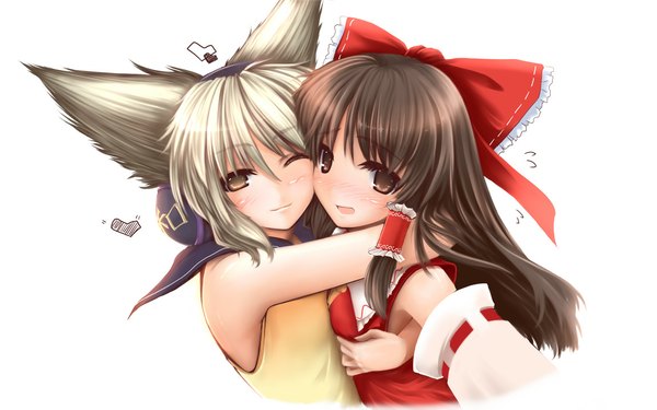 Anime picture 1152x720 with touhou hakurei reimu gizensha long hair looking at viewer blush open mouth simple background smile brown hair wide image white background multiple girls brown eyes silver hair one eye closed wink hug girl bow