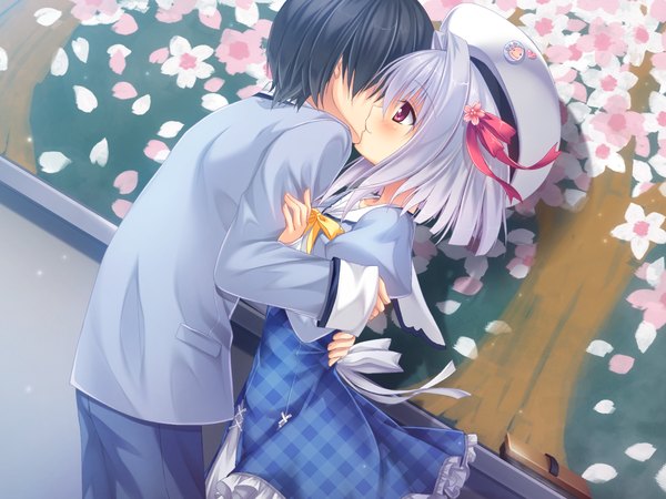 Anime picture 1680x1260 with sakura no reply saejima momo blush short hair black hair red eyes game cg silver hair couple kiss girl boy uniform ribbon (ribbons) hair ribbon school uniform hat