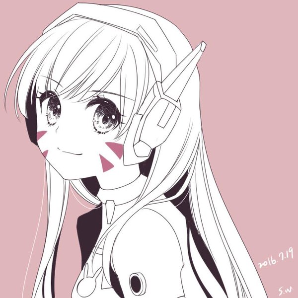 Anime picture 835x835 with overwatch blizzard entertainment d.va (overwatch) atobesakunolove single long hair looking at viewer fringe simple background smile upper body facial mark dated monochrome whisker markings animal print bunny print girl headphones armor