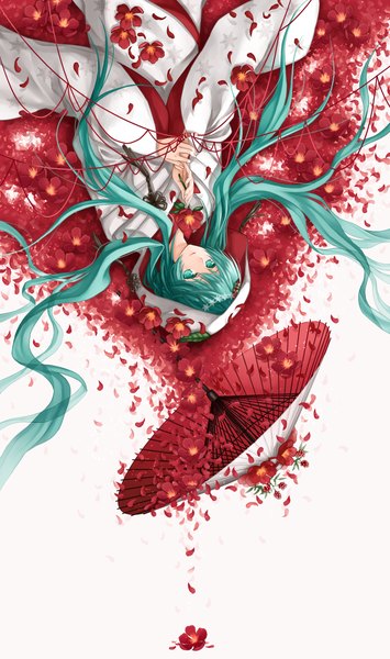 Anime picture 770x1300 with vocaloid hatsune miku yuki miku yuki miku (2013) yuuno (yukioka) single tall image lying very long hair traditional clothes aqua eyes aqua hair on back upside down girl flower (flowers) petals headdress umbrella oriental umbrella