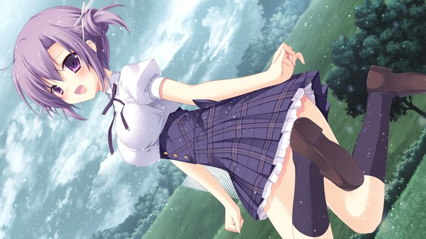 Anime picture 1280x720 with izayoi no fortuna fuyutsuki kona miyasaka miyu blush short hair open mouth wide image purple eyes twintails game cg purple hair cloud (clouds) dutch angle short twintails soles convenient leg girl uniform plant (plants) school uniform