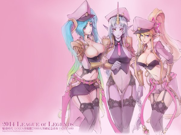 Anime picture 1920x1440 with league of legends sona buvelle janna windforce soraka (league of legends) loiza long hair looking at viewer blush highres breasts blue eyes light erotic blonde hair simple background large breasts twintails multiple girls yellow eyes silver hair ponytail