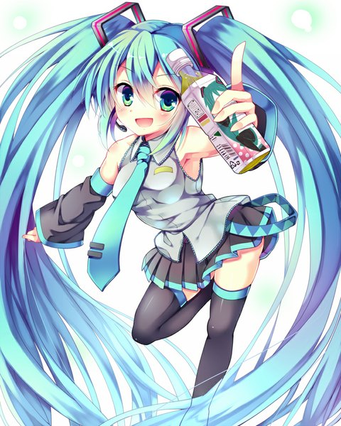 Anime picture 800x1000 with vocaloid hatsune miku kiyu (kiyupapiko) single tall image looking at viewer blush open mouth simple background white background twintails very long hair aqua eyes aqua hair girl thighhighs skirt detached sleeves necktie headphones