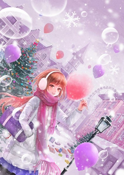 Anime picture 1253x1772 with original wallace (artist) single long hair tall image blush fringe smile brown hair brown eyes sky dutch angle snowing winter snow girl skirt jacket scarf building (buildings)