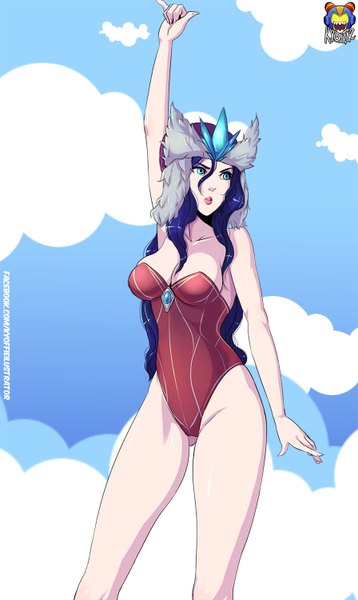 Anime picture 896x1500 with league of legends sivir (league of legends) kyoffie12 single long hair tall image breasts blue eyes bare shoulders blue hair looking away lips legs girl headdress