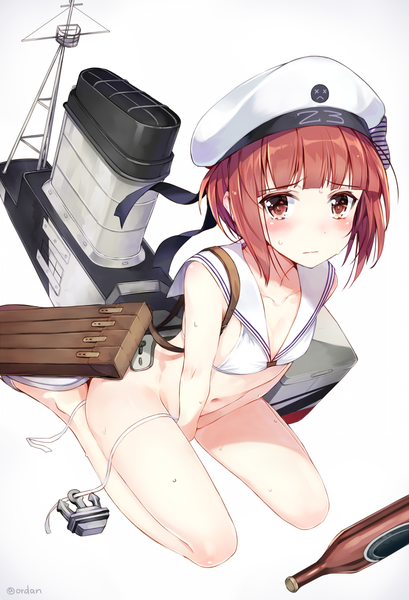 Anime picture 819x1200 with kantai collection z3 destroyer (max schultz) orda single tall image looking at viewer blush short hair light erotic simple background white background sitting brown eyes signed red hair wet embarrassed character names twitter username kneeling