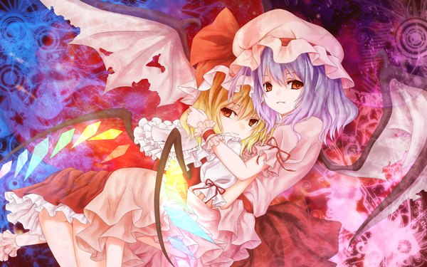 Anime picture 1920x1200 with touhou flandre scarlet remilia scarlet highres short hair blonde hair red eyes wide image purple hair vampire girl dress ribbon (ribbons) wings