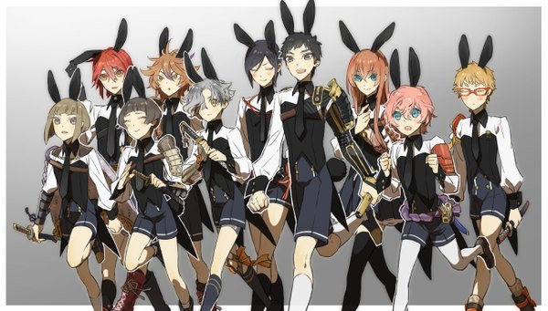 Anime picture 1316x749 with touken ranbu nitroplus yagen toushirou midare toushirou gokotai atsu toushirou maeda toushirou hirano toushirou akita toushirou gotou toushirou shinano toushirou hakata toushirou tobacco (tabakokobata) long hair fringe short hair open mouth black hair simple background blonde hair