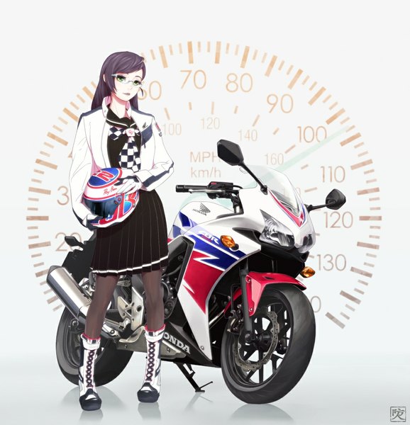 Anime picture 1000x1038 with sakimori-uta single long hair tall image fringe open mouth black hair smile standing green eyes looking away pleated skirt lips open clothes open jacket reflection product placement girl skirt gloves