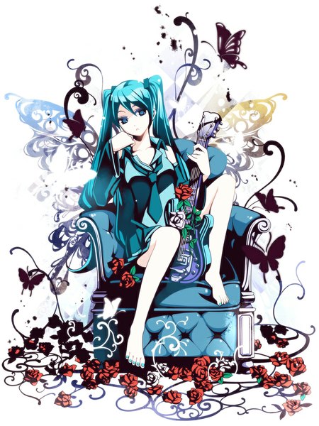 Anime picture 750x1000 with vocaloid hatsune miku torigoe takumi single long hair tall image blue eyes sitting twintails barefoot aqua hair bare legs girl skirt flower (flowers) detached sleeves necktie rose (roses) insect butterfly