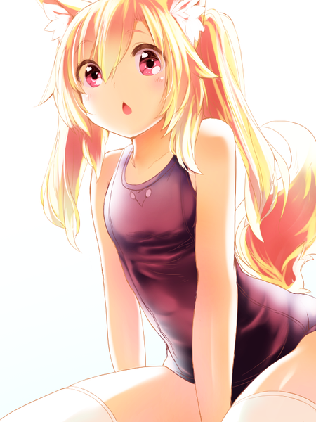Anime picture 600x800 with original futaba akane naomi (sekai no hate no kissaten) single long hair tall image looking at viewer blush fringe open mouth light erotic simple background blonde hair hair between eyes white background sitting bare shoulders animal ears tail animal tail
