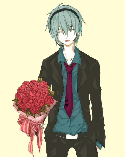 Anime picture 1042x1308 with vocaloid hatsune mikuo nekono mimiko (fleur-de-lis) tall image short hair open mouth simple background smile eyes closed hand in pocket genderswap boy flower (flowers) necktie belt hairband headphones rose (roses) suit microphone
