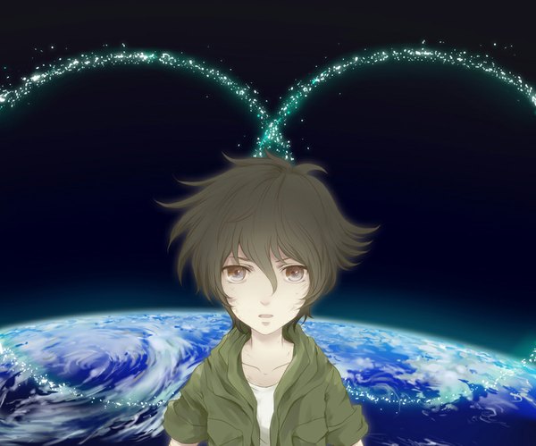 Anime picture 1024x853 with mobile suit gundam mobile suit gundam 00 sunrise (studio) setsuna f seiei mvs single looking at viewer fringe short hair open mouth black hair hair between eyes brown eyes upper body open jacket space boy jacket planet