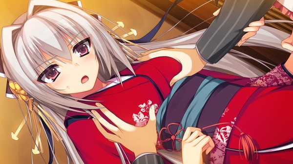 Anime picture 2560x1440 with reminiscence re daizenji suzuka tomose shunsaku long hair looking at viewer blush highres breasts open mouth light erotic wide image purple eyes game cg white hair traditional clothes japanese clothes breast grab girl hair ornament kimono