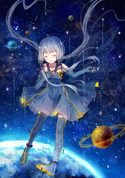 Anime picture 1238x1753 with vocaloid xingchen yuu mo single long hair tall image blush fringe bare shoulders ahoge blunt bangs eyes closed parted lips night hand on chest outstretched hand space tress ribbon weightlessness singing