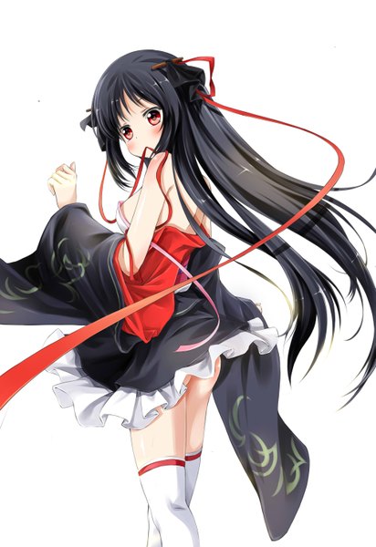Anime picture 2031x2952 with machine-doll wa kizutsukanai yaya (machine-doll) yomi yasou single long hair tall image blush highres light erotic black hair simple background red eyes white background traditional clothes japanese clothes looking back girl thighhighs ribbon (ribbons) white thighhighs