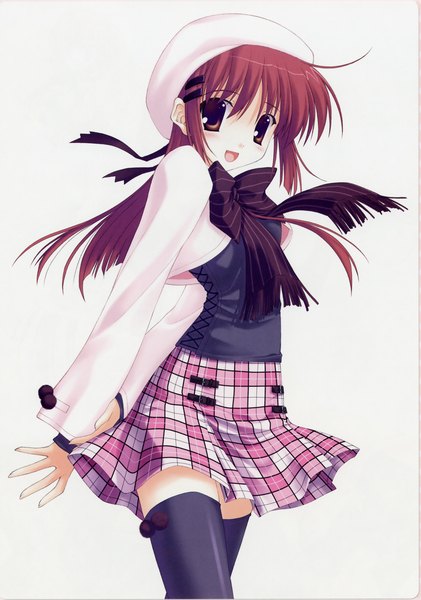 Anime picture 1595x2275 with da capo shirakawa kotori nanao naru single long hair tall image looking at viewer blush fringe open mouth simple background brown hair standing brown eyes long sleeves scan plaid skirt happy girl thighhighs