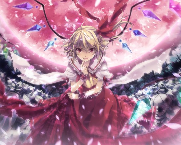 Anime picture 1280x1024 with touhou flandre scarlet tagme (artist) blonde hair red moon girl wings skull