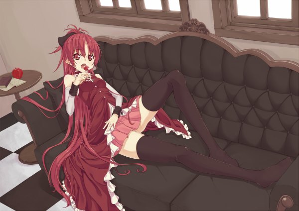 Anime picture 1200x848 with mahou shoujo madoka magica shaft (studio) sakura kyouko ochikochi (totika) single long hair open mouth red eyes ponytail red hair lying girl thighhighs black thighhighs book (books) couch lollipop apple