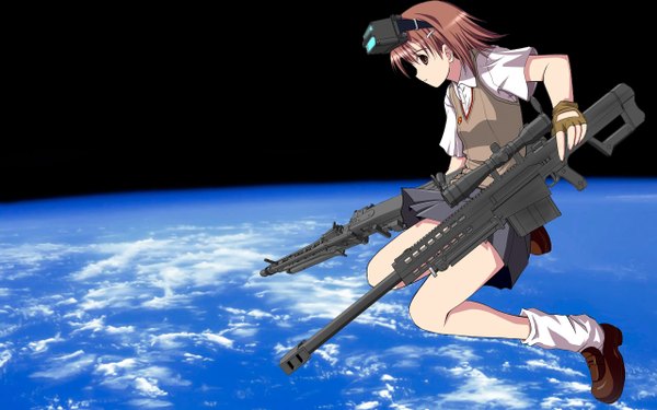 Anime picture 1280x800 with to aru majutsu no index j.c. staff misaka imouto wide image uniform weapon school uniform gun sniper rifle head mounted display