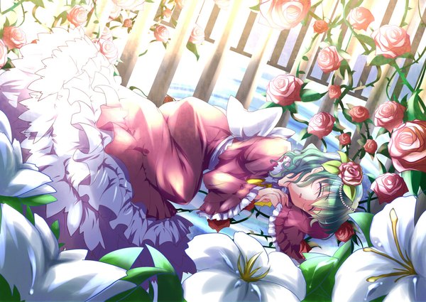 Anime picture 2000x1419 with touhou kazami yuuka fuepo highres short hair eyes closed hair flower green hair sleeping girl dress hair ornament flower (flowers) rose (roses)