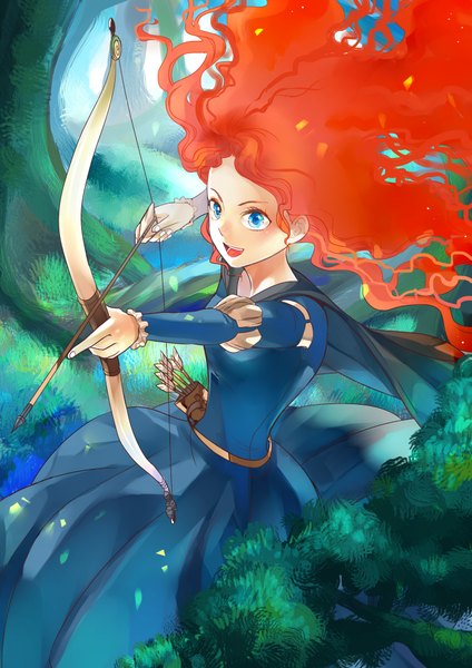Anime picture 2893x4092 with brave disney merida veggiesexy single long hair tall image highres open mouth blue eyes smile looking away sunlight orange hair curly hair girl dress plant (plants) tree (trees) forest
